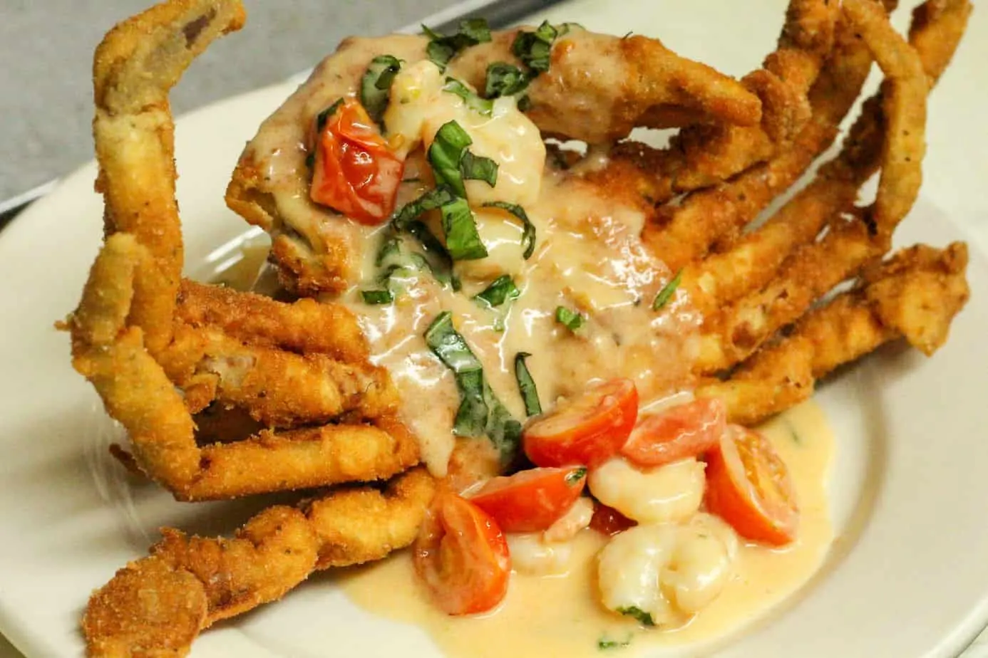 Fried soft shell crab topped with cream sauce, tomatoes and basil